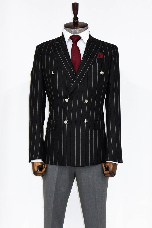 Double Breasted Slim Fit Striped Black Men Blazer and Trousers Combination- Wessi