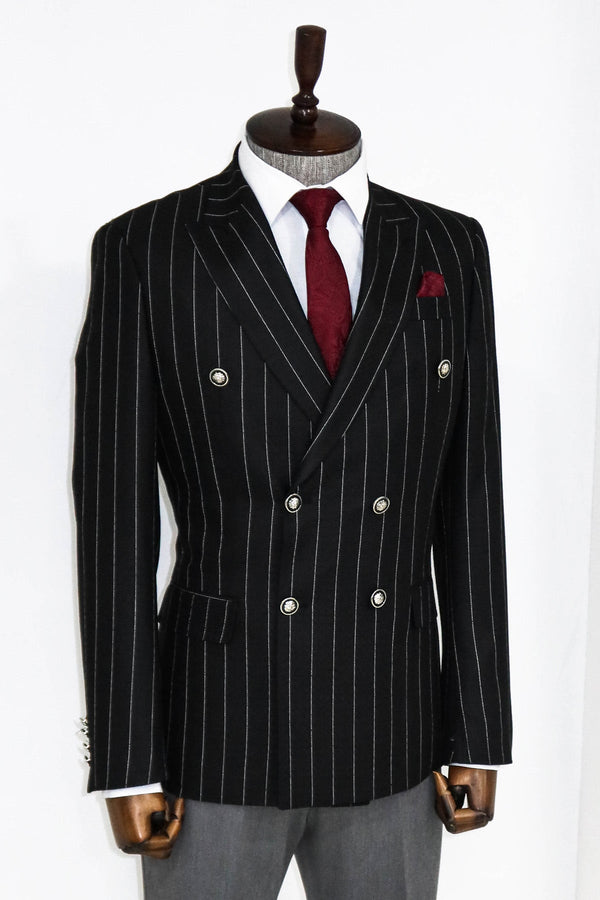 Double Breasted Slim Fit Striped Black Men Blazer and Trousers Combination- Wessi