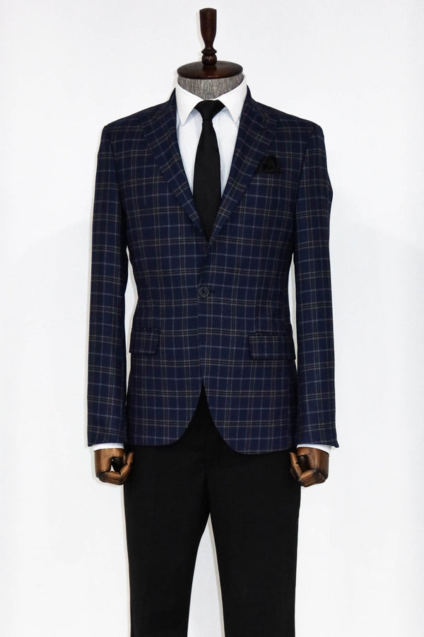 Checked Navy Blue Men Blazer and Trousers Combination - Wessi